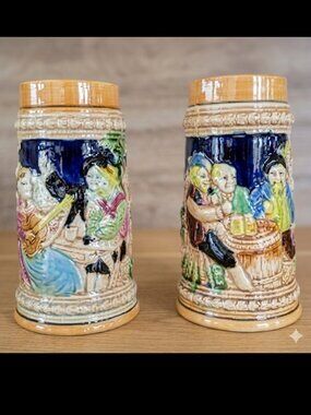 2 Vintage German Beer Steins Embossed Barware Collectibles Made in Japan 7" Tall